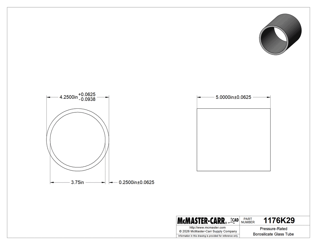 Technical Drawing of Pressure-Rated Borosilicate Glass Tube, 4-1/4" OD, 3-3/4" ID, 5" Long.